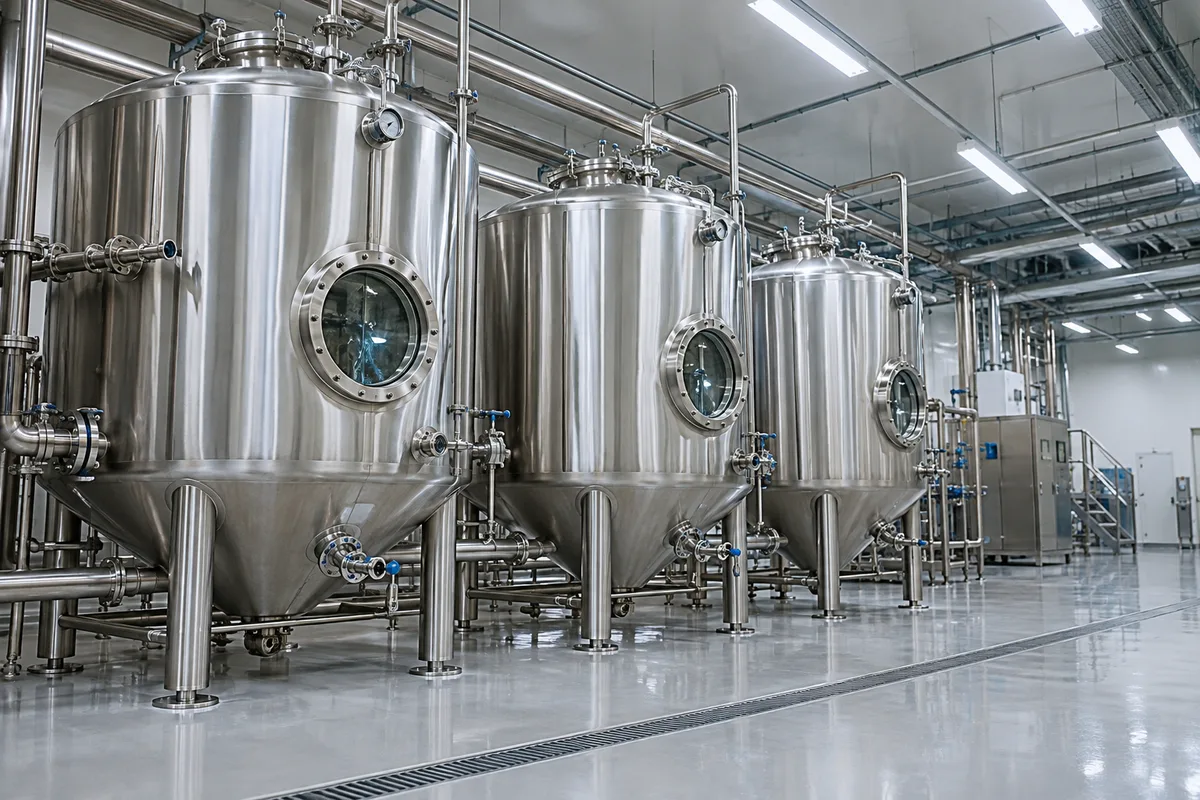 Cuves de fermentation en inox dans un atelier propre aux sols clairs