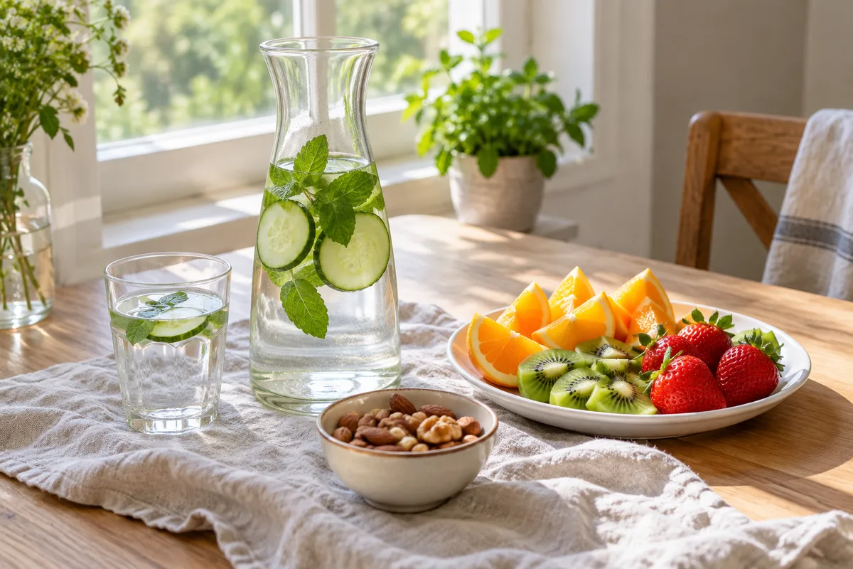 Carafe d&rsquo;eau aux rondelles de concombre et assiette de fruits frais sur une table claire