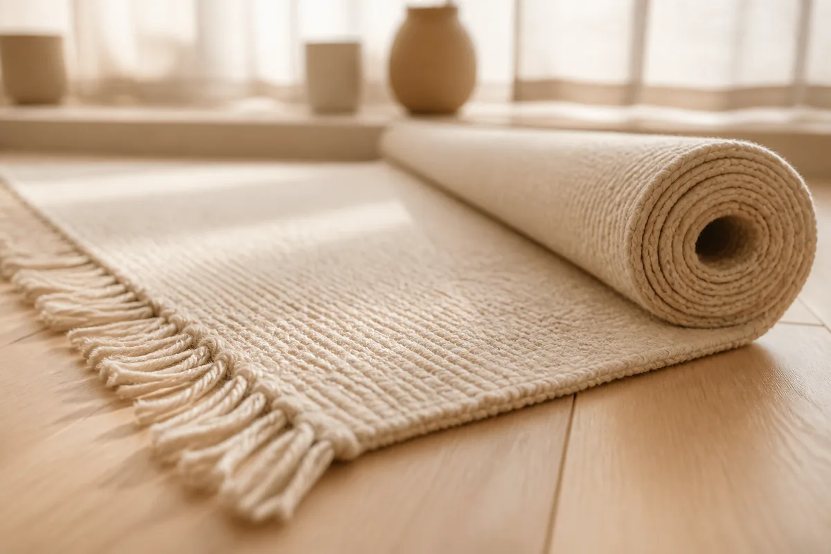 Tapis de coton écru déroulé sur un parquet clair près d&rsquo;une fenêtre