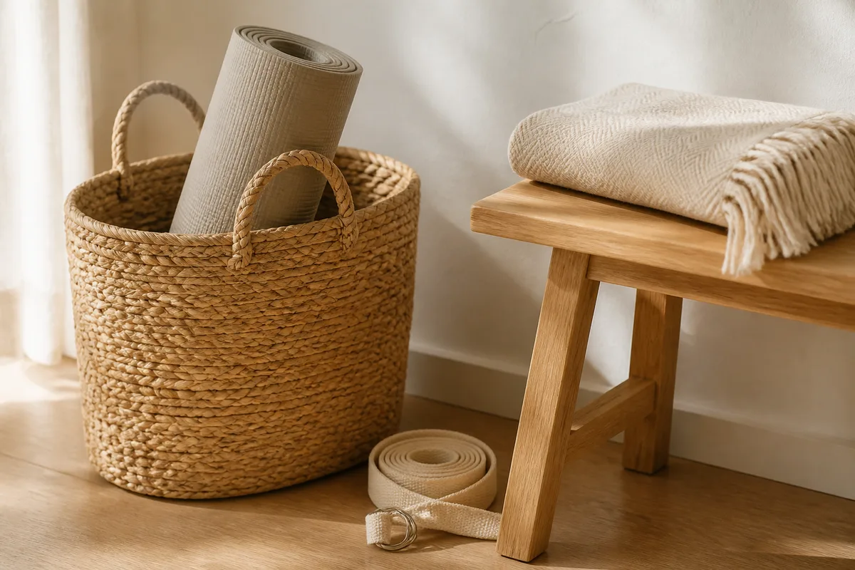Panier en osier contre un mur clair avec tapis roulé, sangle en coton et couverture pliée
