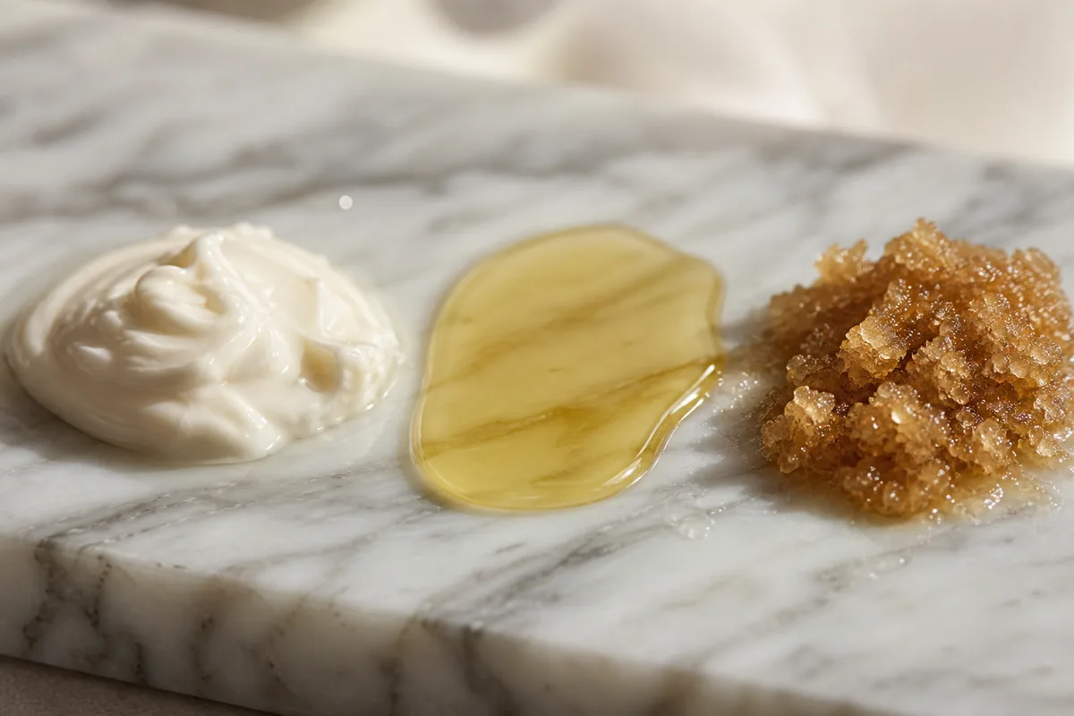Trois textures de soin corporel déposées côte à côte sur une plaque de marbre blanc