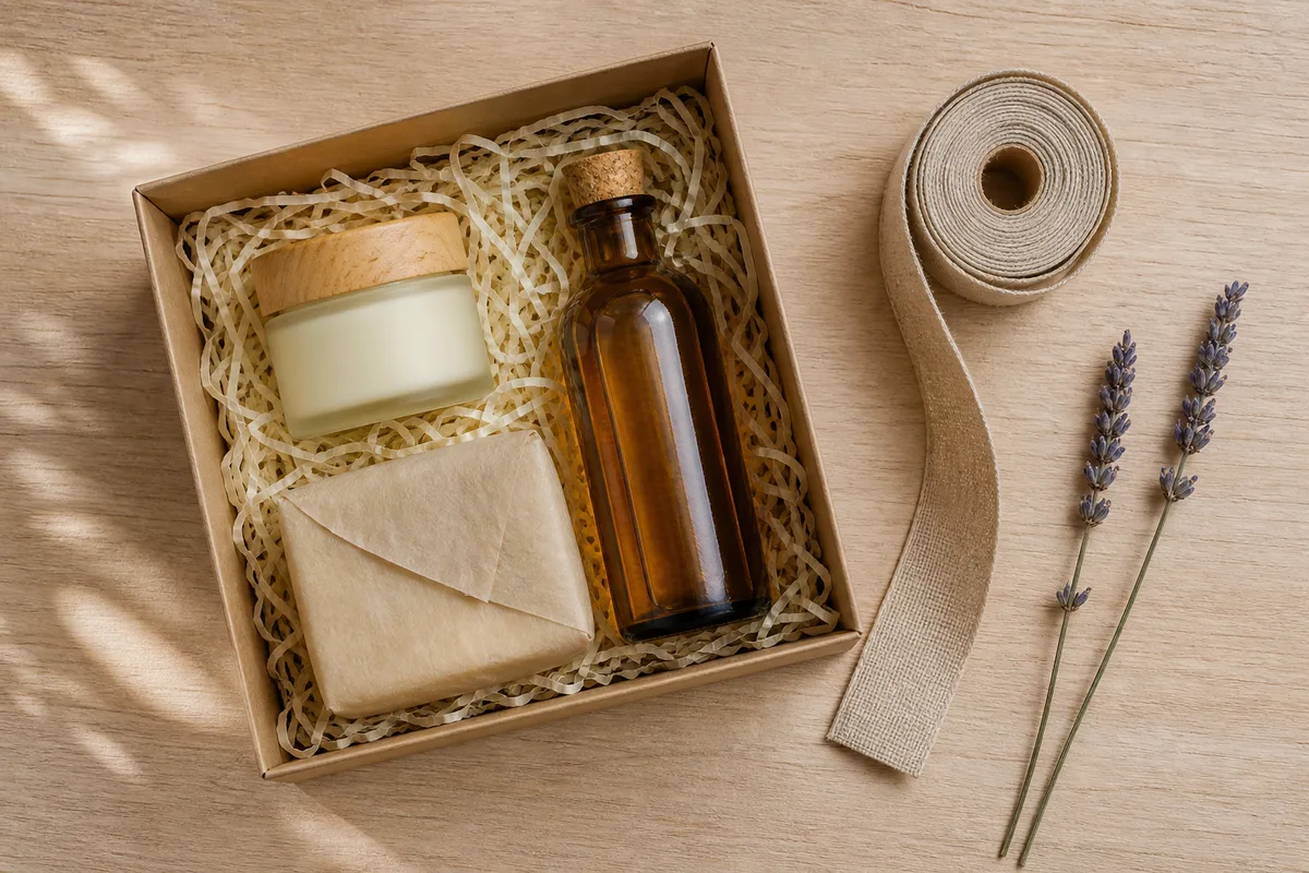 Coffret cadeau de soins pour le corps en cours d&rsquo;assemblage dans une boîte en carton kraft