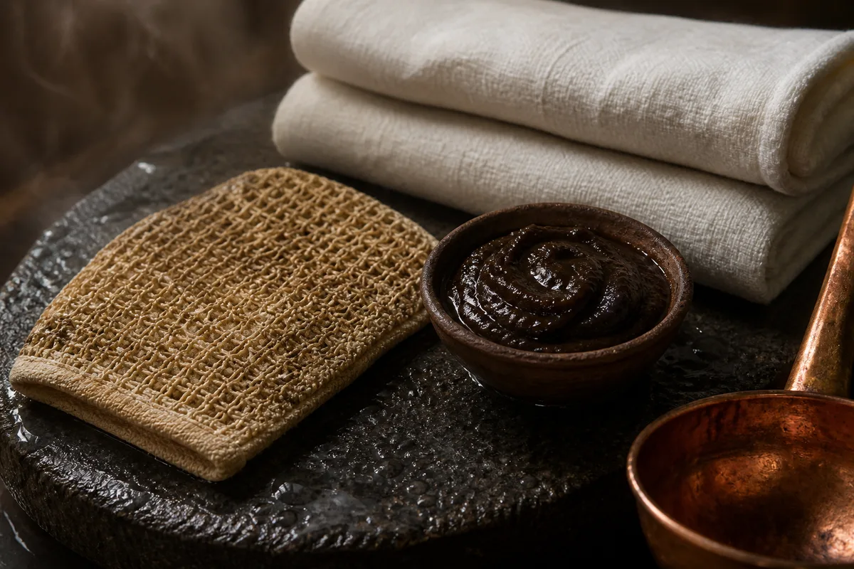 Gant de gommage en fibres naturelles posé près d&rsquo;un bol de savon noir et de serviettes en lin blanc