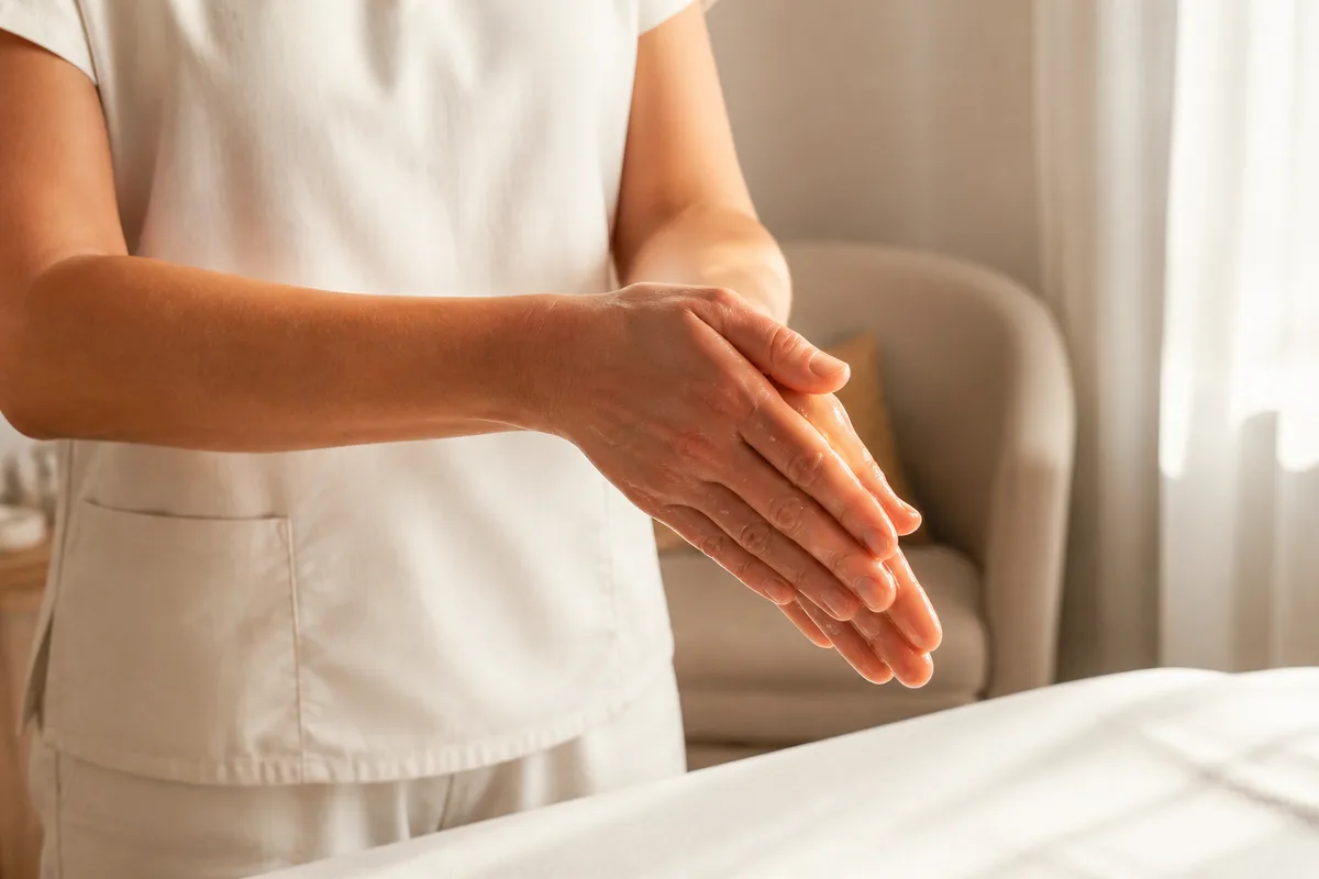 Mains réchauffant de l’huile de massage entre les paumes dans une pièce lumineuse
