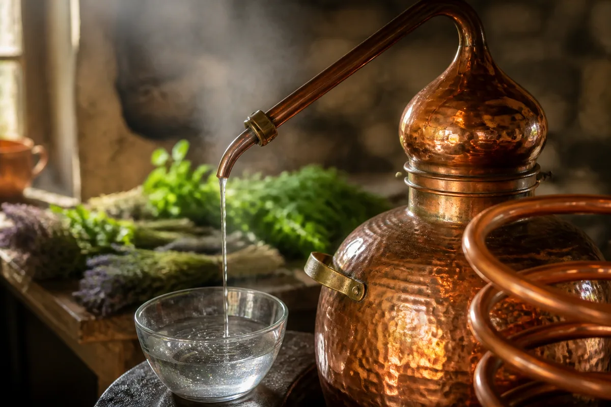 Alambic de cuivre et coupelle d’eau claire dans un atelier de distillation