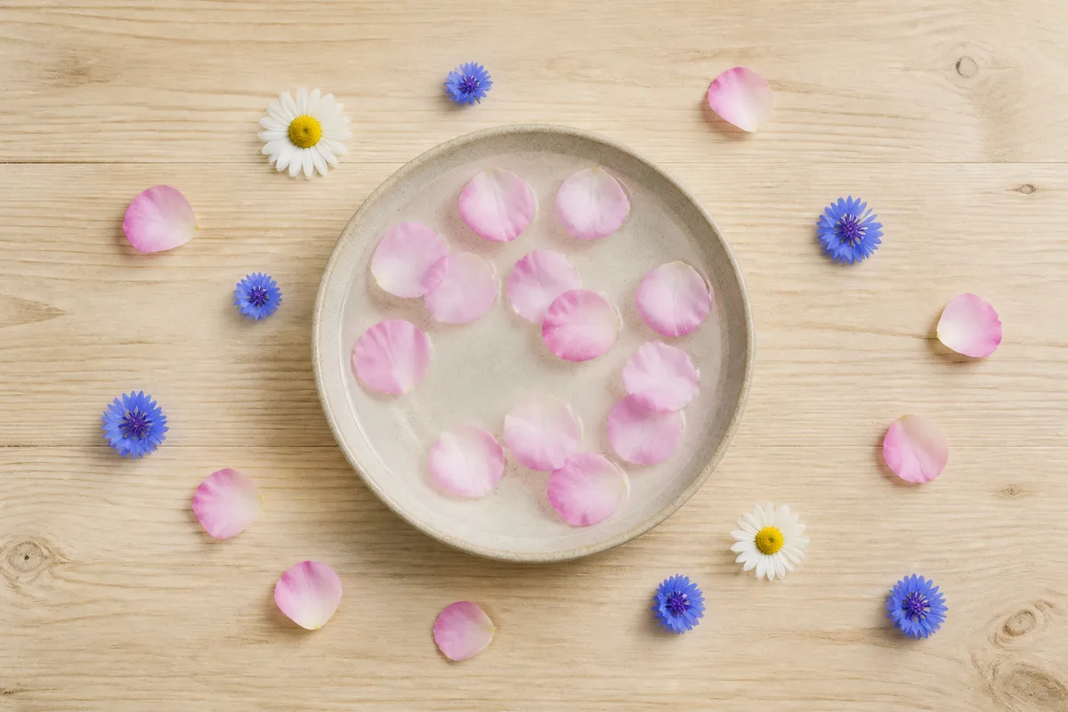 Pétales de rose frais posés sur une table de bois clair