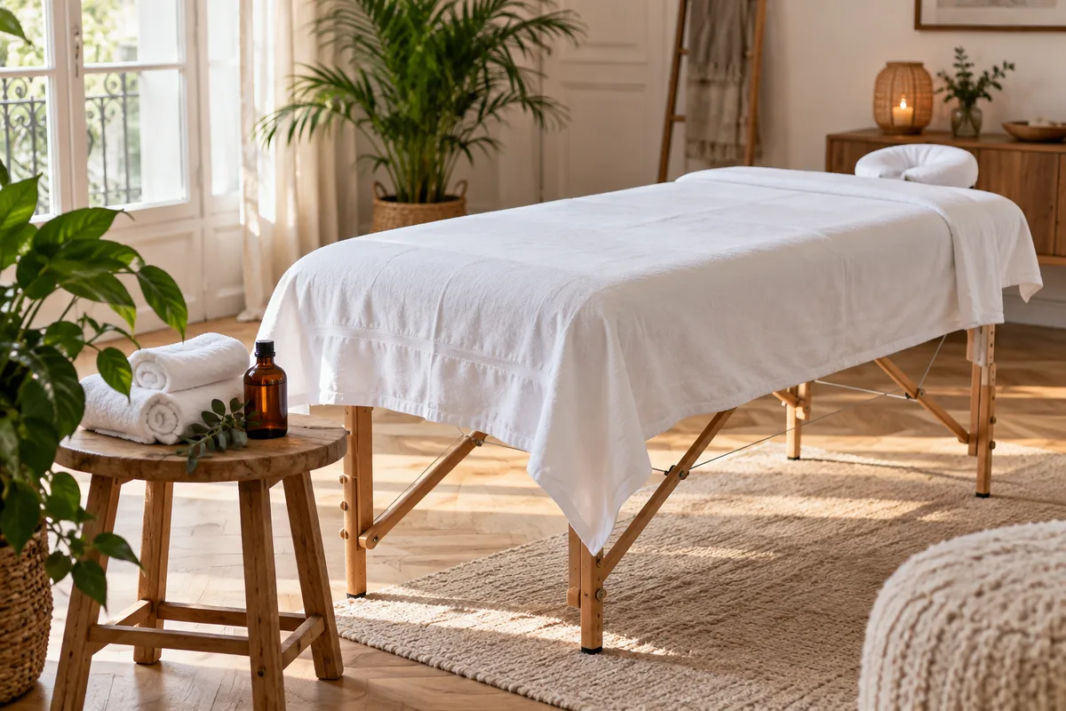Table de massage pliante recouverte d&rsquo;un drap blanc dans un salon lumineux, serviettes roulées et flacon en verre ambré posés sur un tabouret