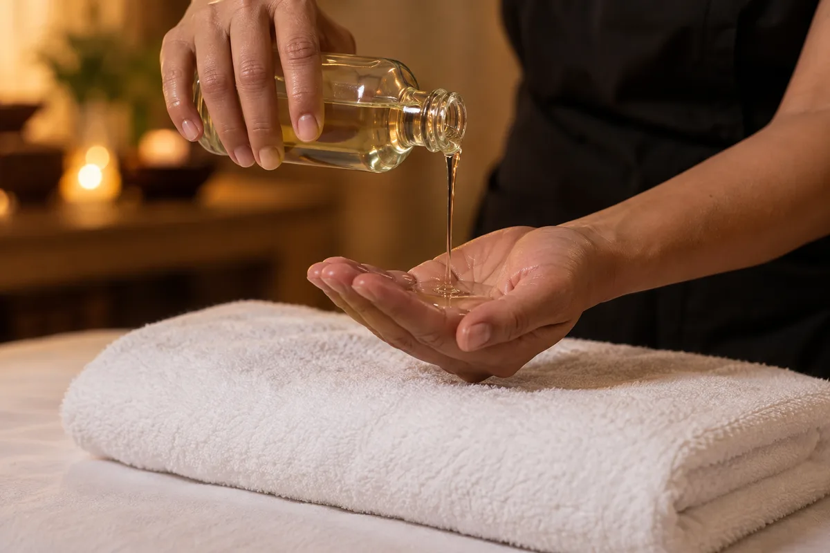 Mains versant de l&rsquo;huile de massage au creux de la paume au-dessus d&rsquo;une serviette blanche pliée