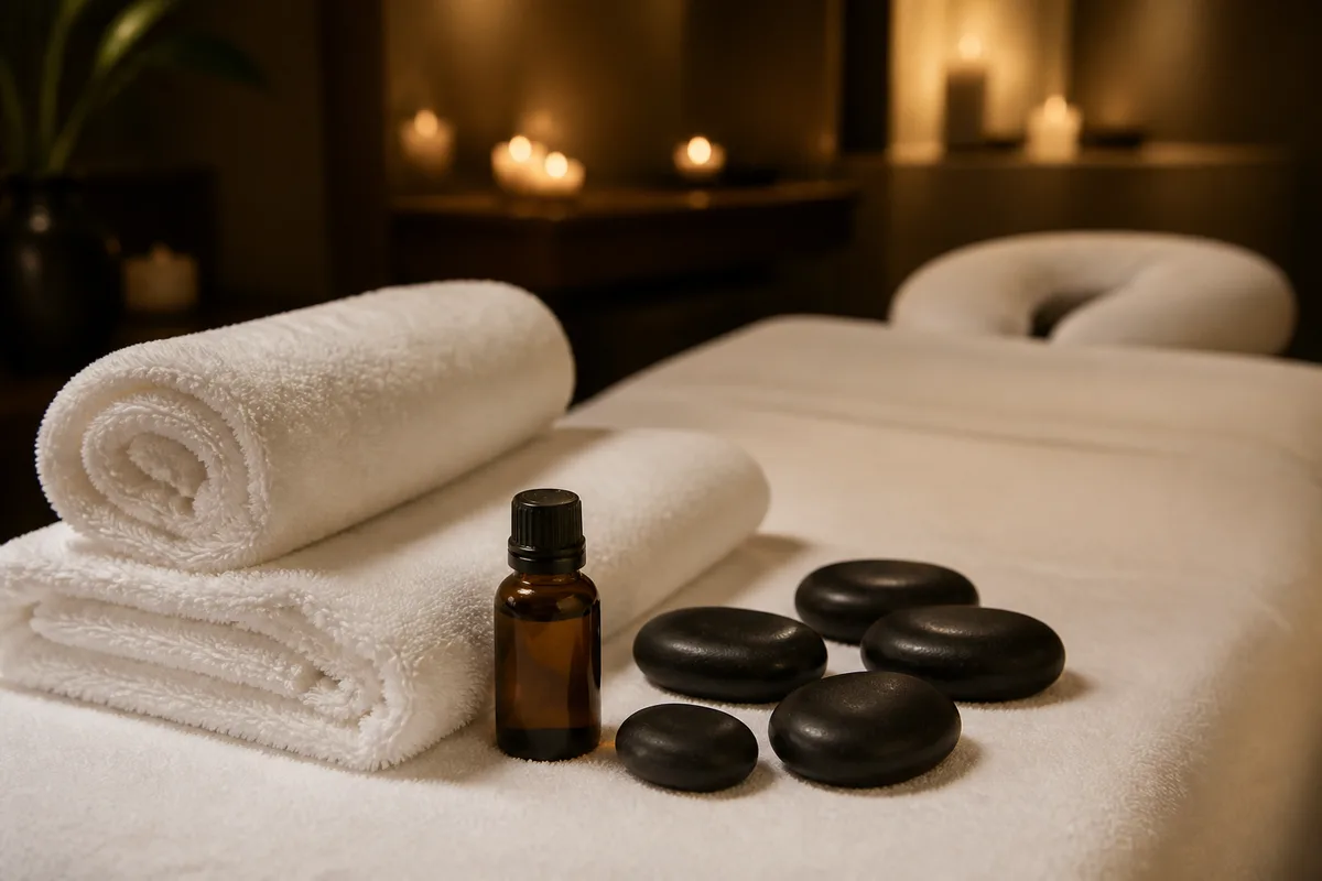 Table de massage préparée dans une cabine de spa avec huiles et serviettes pliées
