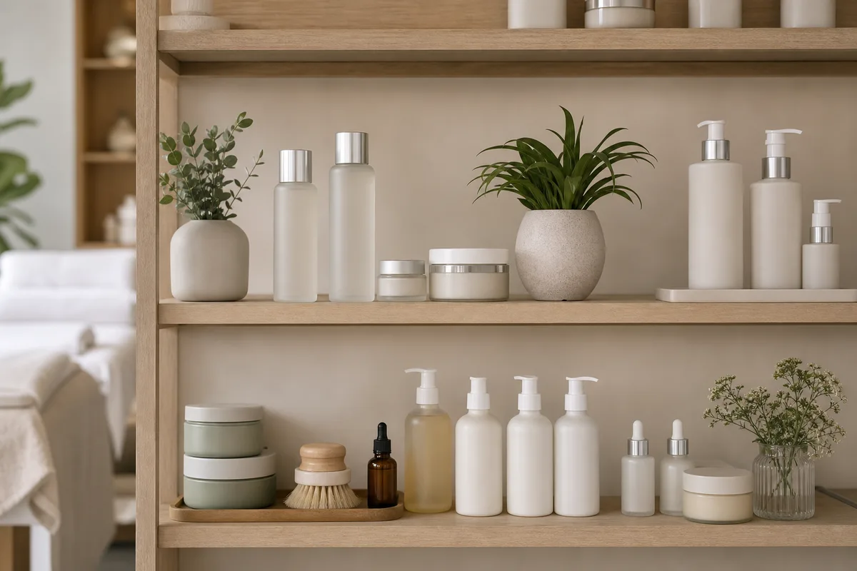 Étagère de produits cosmétiques et flacons d’huiles rangés dans un institut de beauté