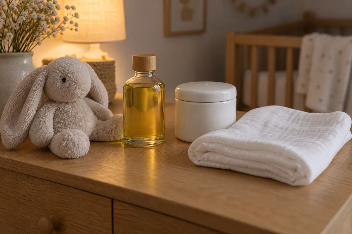 Petit ensemble de soins pour bébé : flacon d’huile en verre uni, pot en céramique blanche et lange de coton plié