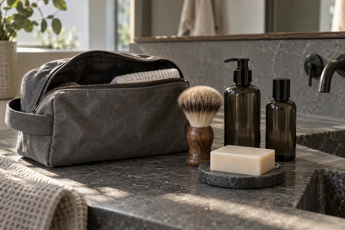Trousse de toilette en toile grise ouverte sur un lavabo en pierre, flacons unis et blaireau à poils naturels