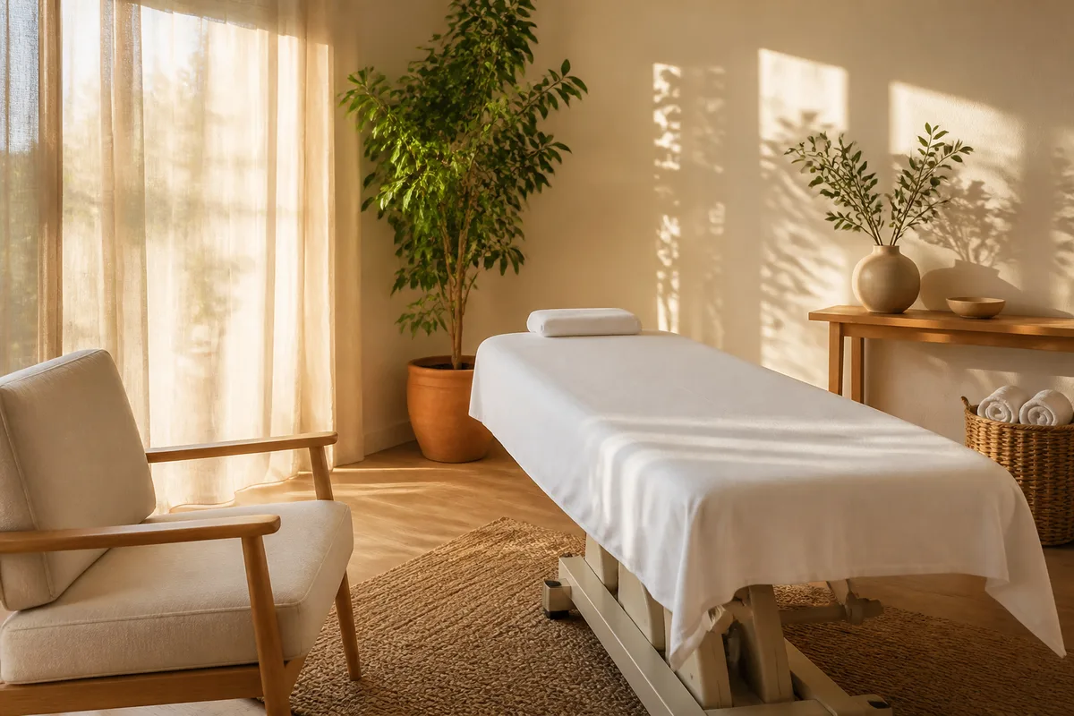 Cabinet de soin lumineux, table d&rsquo;examen recouverte d&rsquo;un drap blanc, plante verte et fauteuil en bois clair, lumière de fin d&rsquo;après-midi