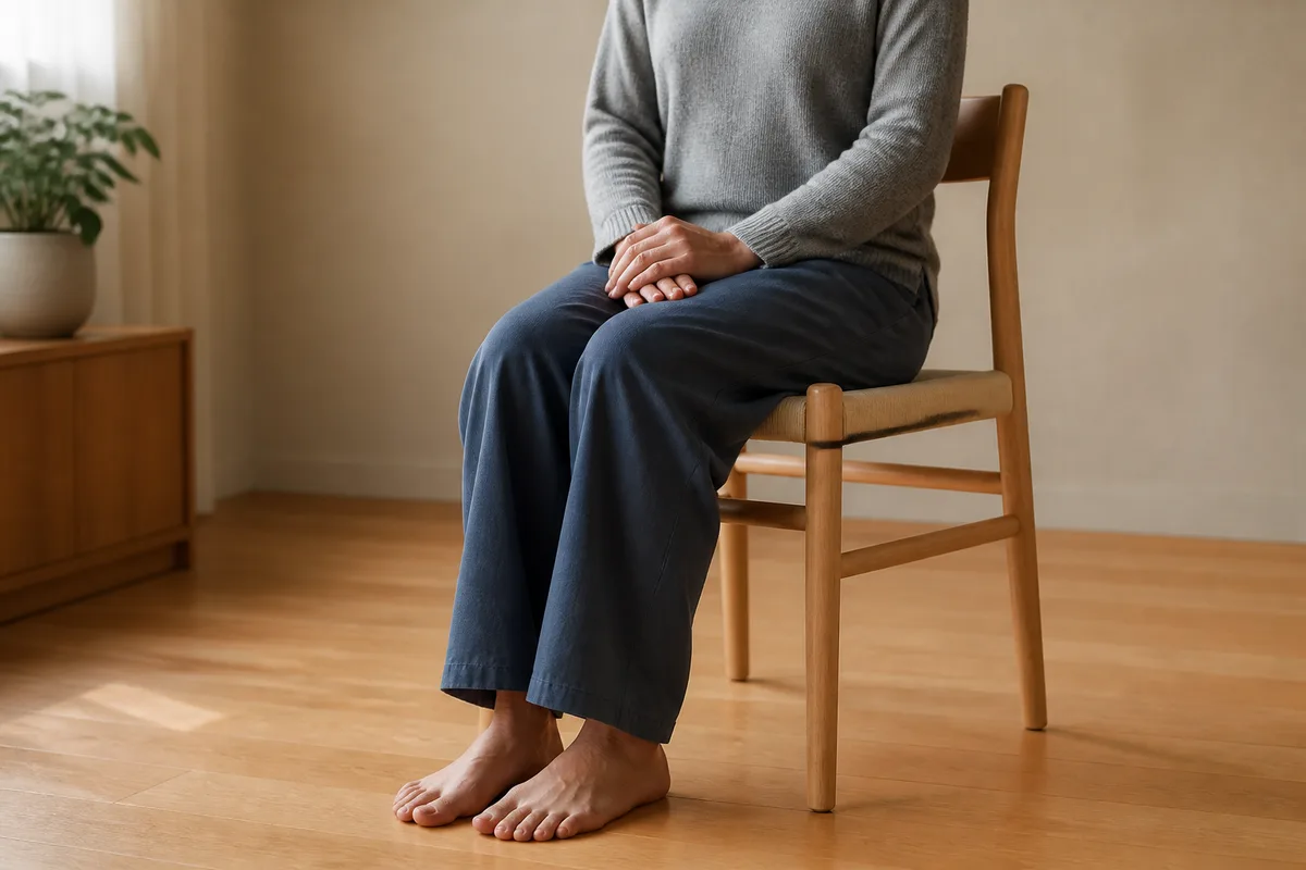 Mains croisées posées sur les genoux, personne assise sur une chaise en bois clair, cadrage sous les épaules, lumière latérale douce