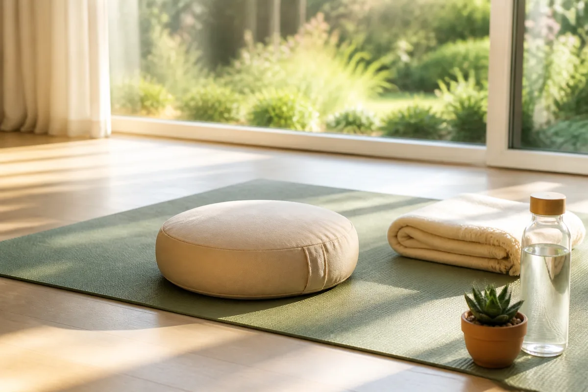 Tapis de sol déroulé près d&rsquo;une baie vitrée, coussin ferme et couverture pliée, parquet clair, lumière matinale rasante