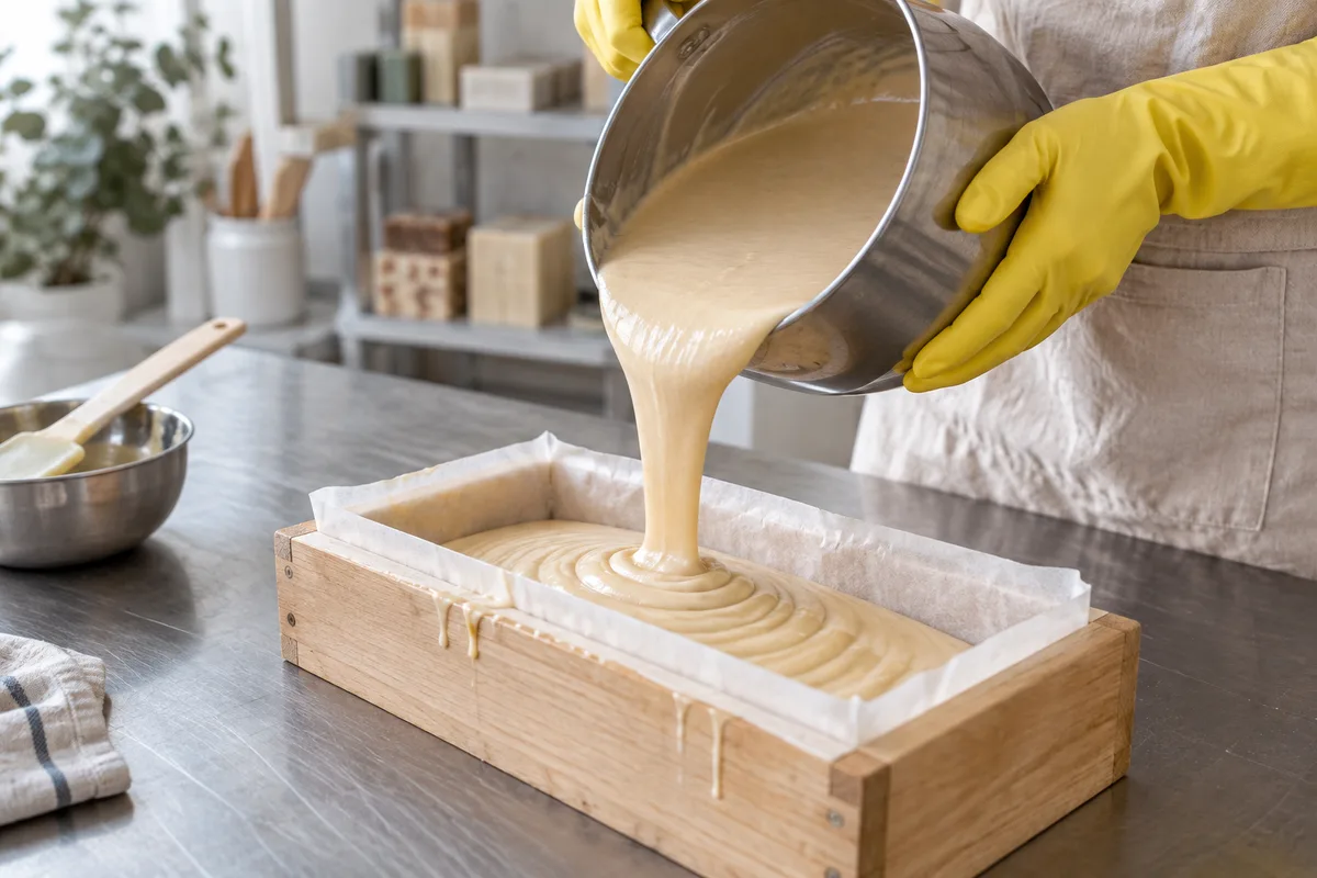 Pâte à savon crémeuse versée d&rsquo;un pichet en inox dans un moule en bois chemisé de papier