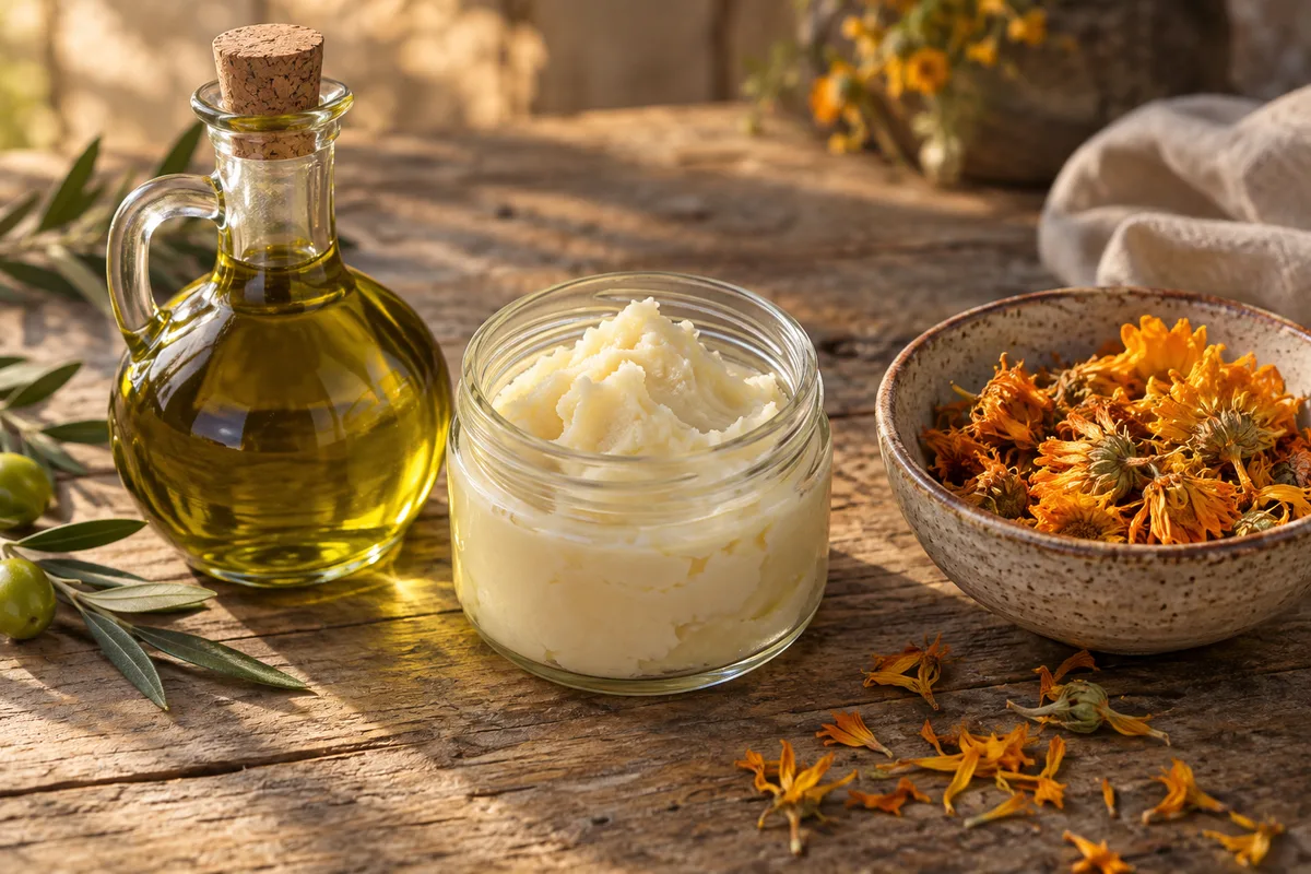 Bouteille en verre d&rsquo;huile d&rsquo;olive, pot de beurre végétal clair et fleurs de calendula séchées sur une table en bois