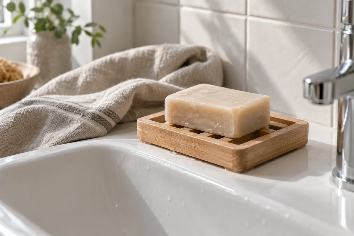 Savon solide beige posé sur un porte-savon en bois à lattes au bord d&rsquo;un lavabo en céramique