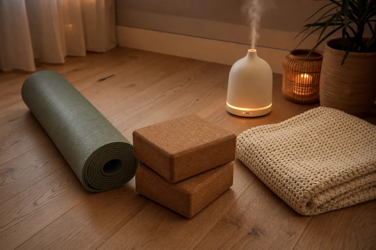 Tapis de yoga roulé avec briques de liège, plaid et diffuseur d&rsquo;huiles essentielles